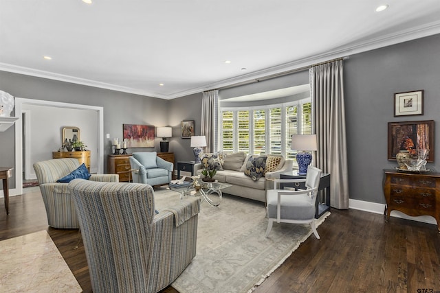 living room featuring dark hardwood / wood-style floors and crown molding