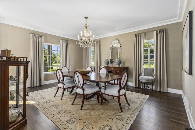 dining area featuring a chandelier, dark hardwood / wood-style flooring, and a wealth of natural light