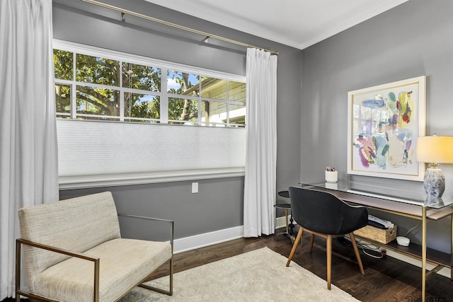 office area featuring dark hardwood / wood-style flooring and ornamental molding