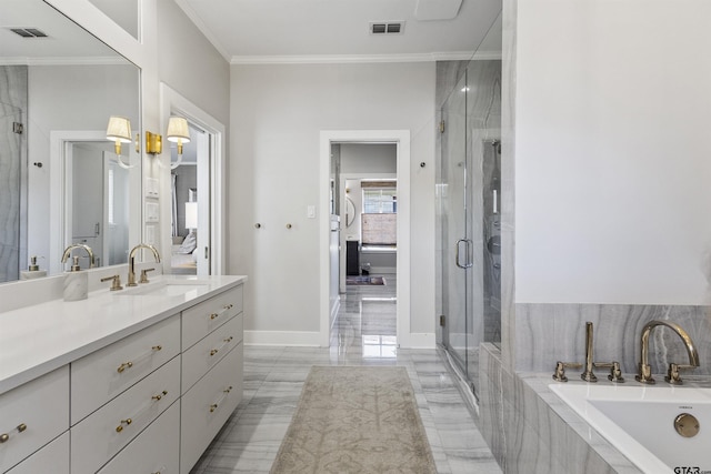 bathroom featuring vanity, independent shower and bath, and crown molding