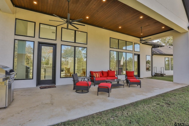 view of patio / terrace featuring grilling area, outdoor lounge area, and ceiling fan