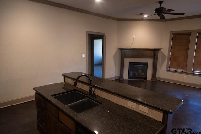 kitchen with ceiling fan, crown molding, and sink