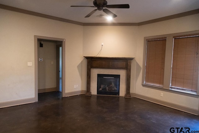 unfurnished living room with ceiling fan and ornamental molding