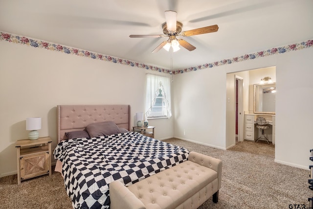 bedroom with light colored carpet and ceiling fan