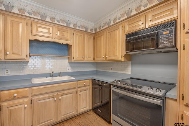 kitchen with stainless steel electric range, crown molding, backsplash, sink, and light hardwood / wood-style floors