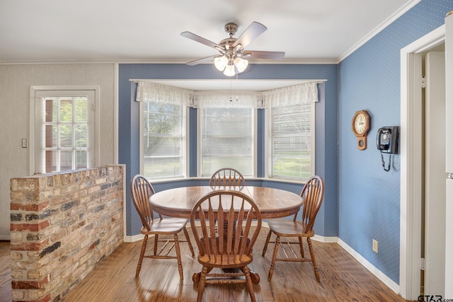 dining area featuring hardwood / wood-style flooring, crown molding, and ceiling fan