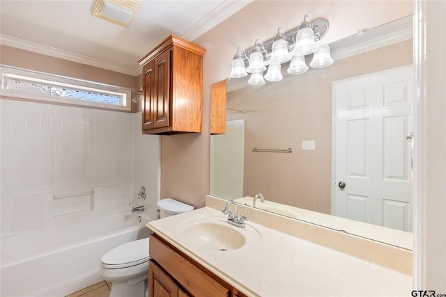 full bathroom with toilet, washtub / shower combination, tile patterned flooring, crown molding, and vanity