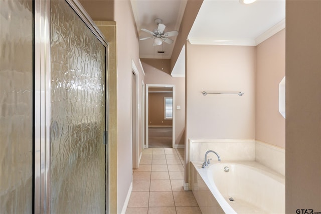 bathroom featuring ceiling fan, ornamental molding, shower with separate bathtub, and tile patterned floors