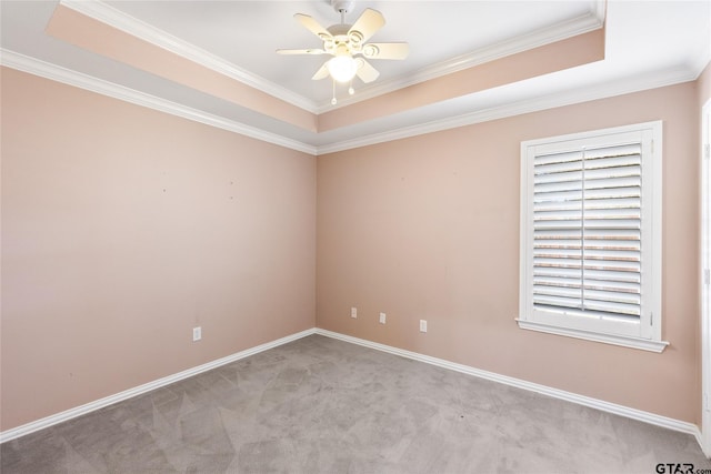 carpeted empty room featuring a raised ceiling, a healthy amount of sunlight, ceiling fan, and ornamental molding