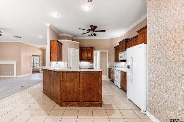 kitchen featuring backsplash, kitchen peninsula, white appliances, ornamental molding, and light tile patterned floors