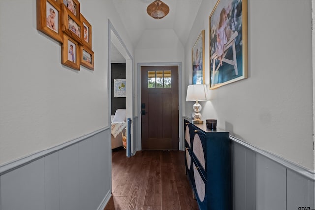 9331 Londonderry Dr, Tyler, TX 75703 - entryway with dark wood finished floors, a wainscoted wall, and lofted ceiling