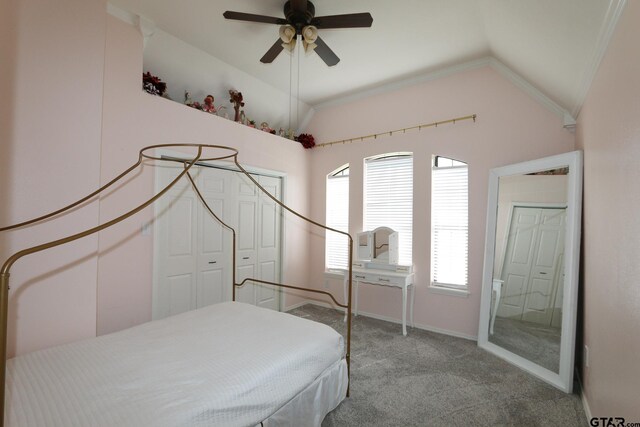 18751 Ridgeline, Tyler, TX 75703 - bedroom with vaulted ceiling, carpet floors, ornamental molding, and a ceiling fan