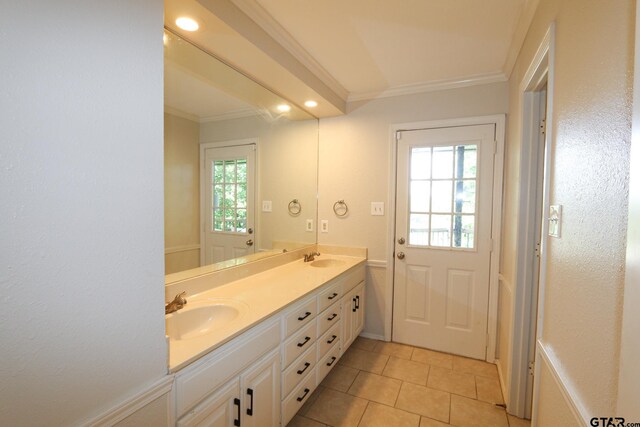 18751 Ridgeline, Tyler, TX 75703 - full bathroom featuring ornamental molding, double vanity, tile patterned flooring, and recessed lighting