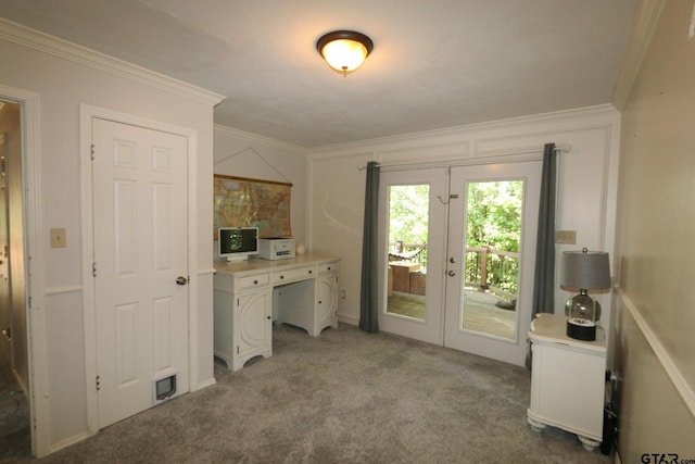18751 Ridgeline, Tyler, TX 75703 - bedroom featuring access to exterior, crown molding, french doors, and carpet