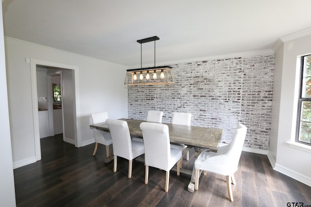 18751 Ridgeline, Tyler, TX 75703 - dining room with dark wood-style flooring, ornamental molding, brick wall, and an accent wall