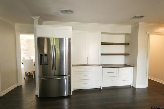 18751 Ridgeline, Tyler, TX 75703 - kitchen featuring stainless steel fridge, open shelves, crown molding, dark wood-type flooring, and white cabinets