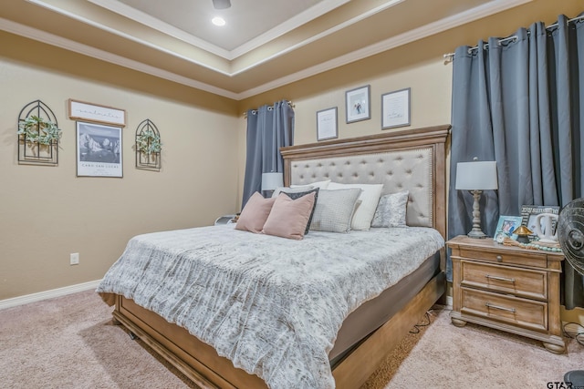 bedroom featuring light carpet, baseboards, a raised ceiling, crown molding, and recessed lighting