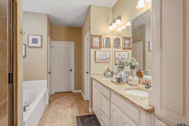 bathroom with tile patterned flooring, a sink, a tile shower, a bath, and double vanity