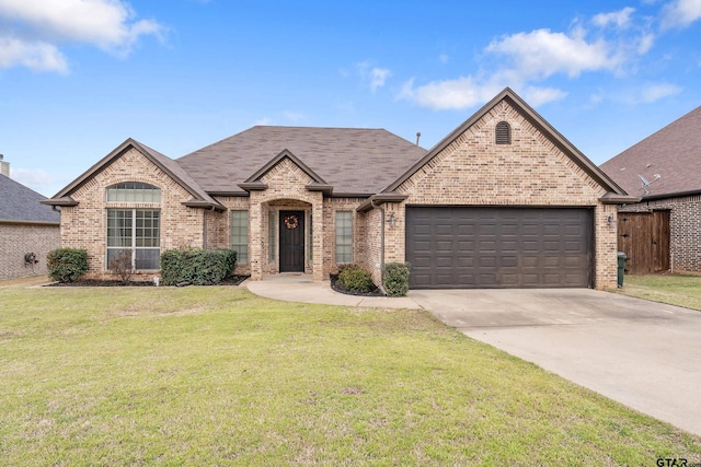 french country home with a front lawn, concrete driveway, brick siding, and an attached garage