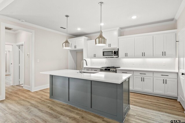 kitchen with a kitchen island with sink, white cabinetry, sink, and stainless steel appliances