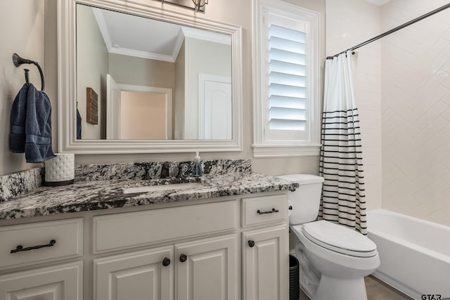 full bathroom with toilet, vanity, crown molding, and shower / bathtub combination with curtain