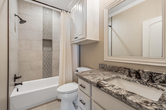 full bathroom featuring vanity, shower / bath combo, crown molding, tile patterned floors, and toilet