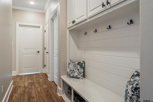 mudroom with dark wood-type flooring and crown molding