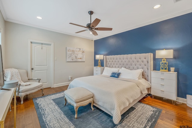 7216 Princedale, Tyler, TX 75703 - bedroom featuring hardwood / wood-style flooring, crown molding, recessed lighting, and a ceiling fan