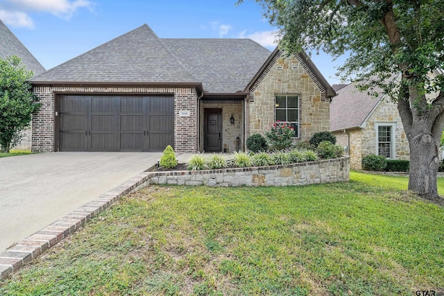 7216 Princedale, Tyler, TX 75703 - french provincial home with an attached garage, stone siding, a front yard, concrete driveway, and a shingled roof