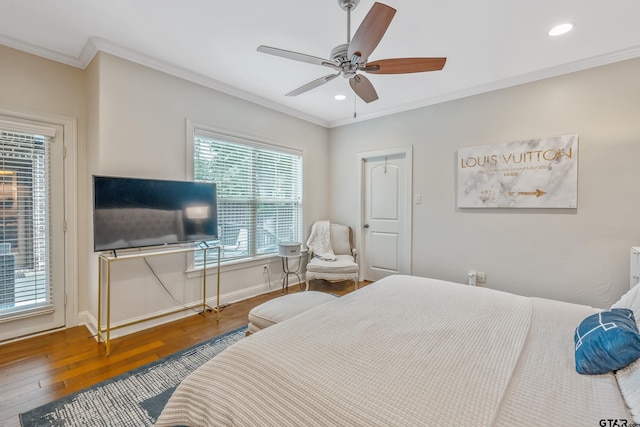 7216 Princedale, Tyler, TX 75703 - bedroom with wood-type flooring, crown molding, recessed lighting, and a ceiling fan