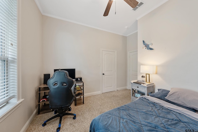 7216 Princedale, Tyler, TX 75703 - bedroom with carpet flooring, ornamental molding, and ceiling fan