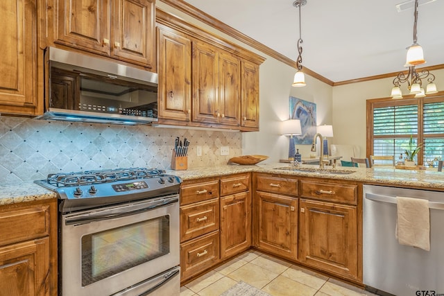 7216 Princedale, Tyler, TX 75703 - kitchen with appliances with stainless steel finishes, brown cabinetry, light tile patterned floors, ornamental molding, and backsplash