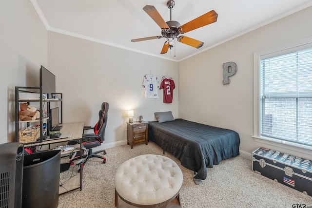 7216 Princedale, Tyler, TX 75703 - carpeted bedroom featuring multiple windows, a desk, crown molding, and a ceiling fan