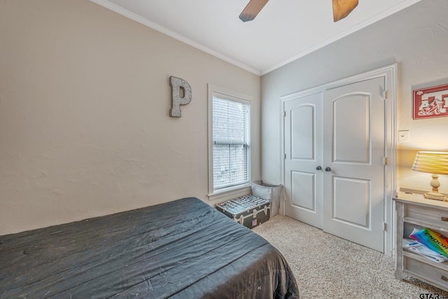 7216 Princedale, Tyler, TX 75703 - carpeted bedroom with crown molding, a ceiling fan, and a closet