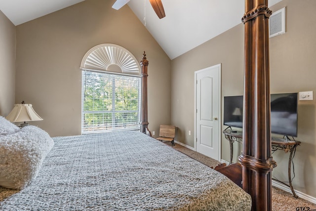18050 Deer Trl, Flint, TX 75762 - carpeted bedroom featuring beamed ceiling, high vaulted ceiling, a ceiling fan, visible vents, and baseboards