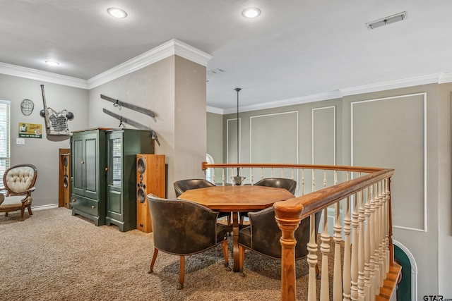 18050 Deer Trl, Flint, TX 75762 - dining space with visible vents, baseboards, crown molding, recessed lighting, and carpet flooring