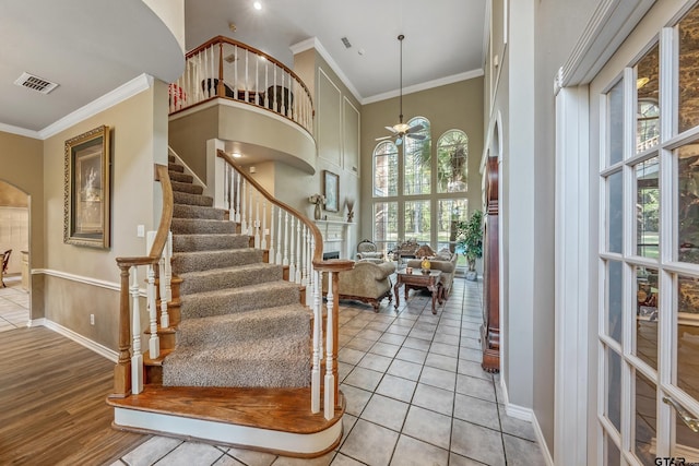18050 Deer Trl, Flint, TX 75762 - interior space featuring ornamental molding, visible vents, a wealth of natural light, and a high ceiling