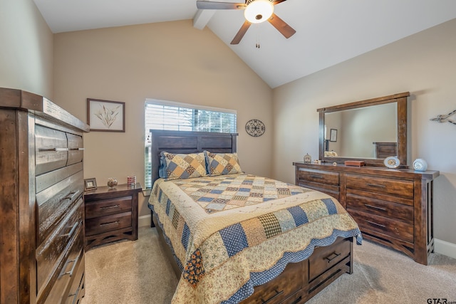 carpeted bedroom with ceiling fan, beam ceiling, and high vaulted ceiling