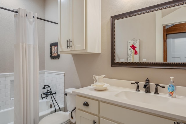 full bathroom with vanity, toilet, and shower / bathtub combination with curtain