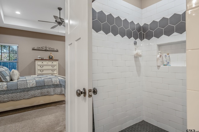 interior space featuring carpet flooring and ceiling fan