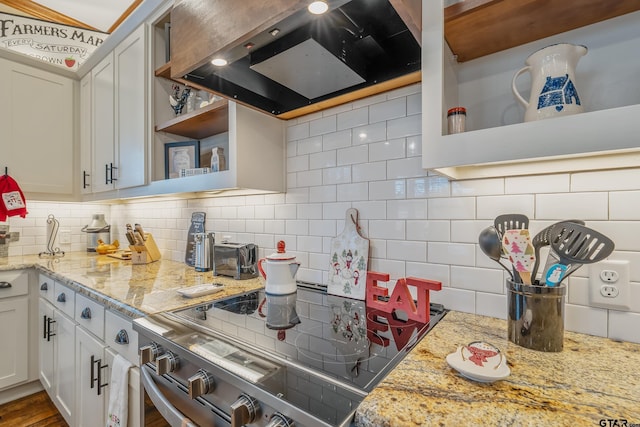 kitchen featuring decorative backsplash, wood-type flooring, white cabinetry, and extractor fan