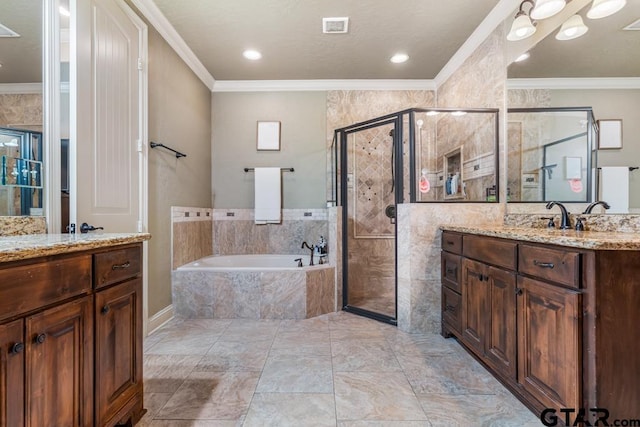 full bathroom with a bath, crown molding, and a stall shower