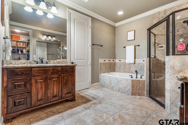 full bath featuring a bath, ornamental molding, and a stall shower