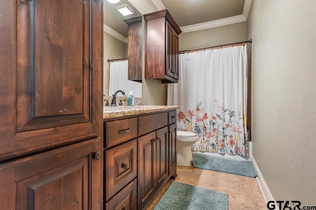 bathroom with tile patterned floors, toilet, baseboards, vanity, and ornamental molding