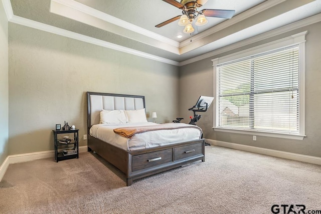 bedroom with a raised ceiling, ornamental molding, baseboards, carpet flooring, and ceiling fan