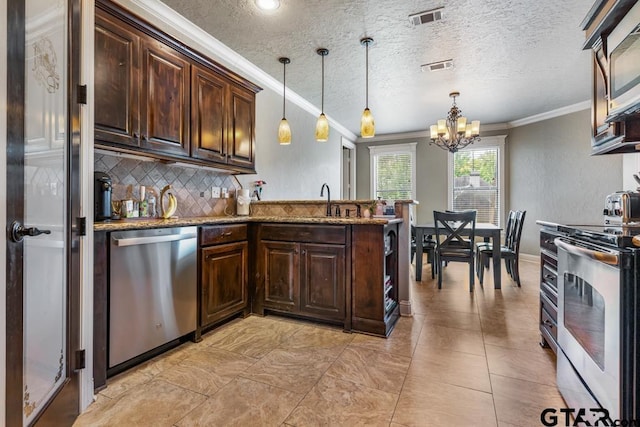 kitchen featuring tasteful backsplash, visible vents, an inviting chandelier, appliances with stainless steel finishes, and ornamental molding