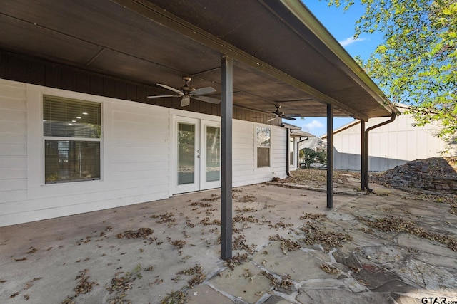 view of patio featuring ceiling fan and french doors