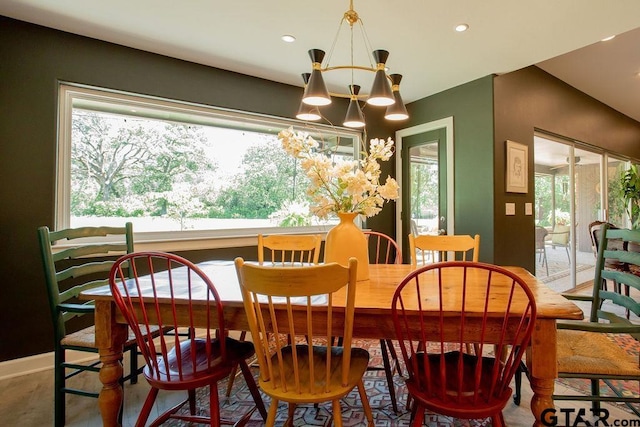 225 Texas Dr, Hideaway, TX 75771 - dining space featuring healthy amount of natural light, a chandelier, recessed lighting, and baseboards