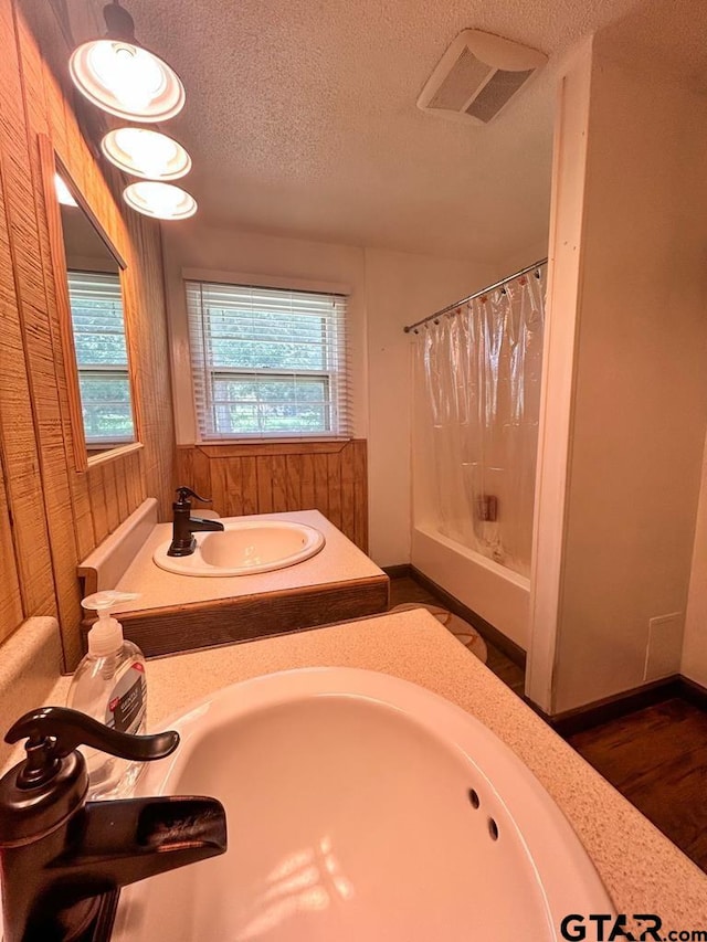 bathroom with wood-type flooring, a textured ceiling, and vanity