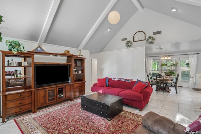 living area featuring high vaulted ceiling, an inviting chandelier, visible vents, and beamed ceiling